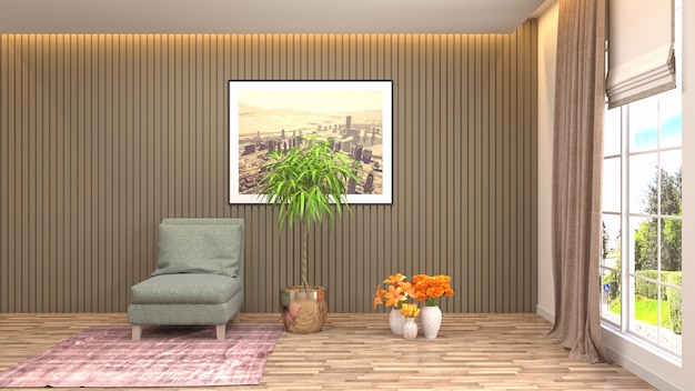 Иллюстрация интерьера гостиной. 3D визуализация