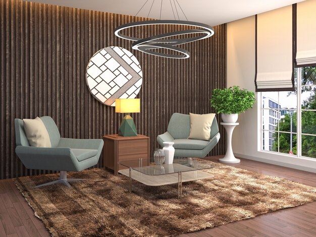 Illustration of the living room interior. 3d render