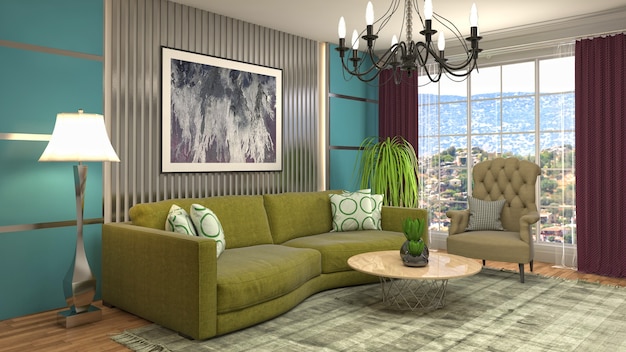 Illustration of living room interior. 3d rendering
