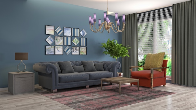 Illustration of living room interior. 3d rendering