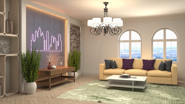 Illustration of living room interior. 3d rendering