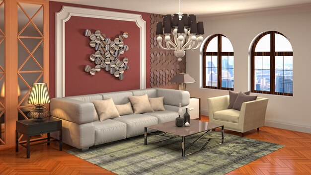 Illustration of living room interior. 3d rendering