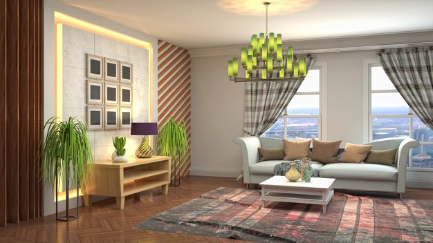 Illustration of living room interior. 3d rendering