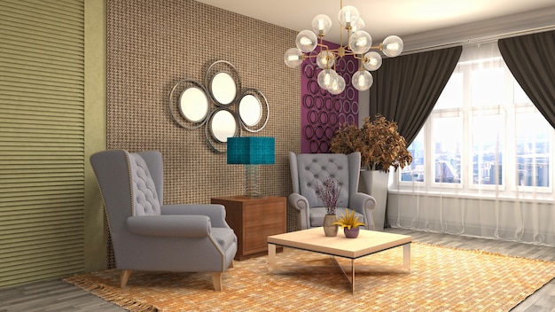 Illustration of living room interior. 3d rendering