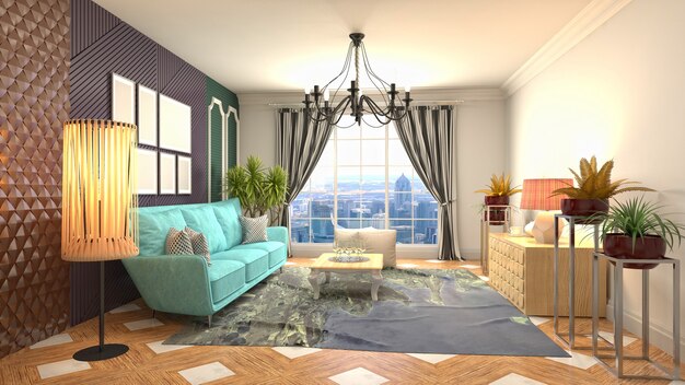 Illustration of living room interior. 3d rendering