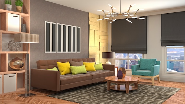 Illustration of living room interior. 3d rendering