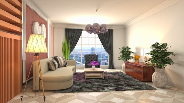 Illustration of living room interior. 3d rendering