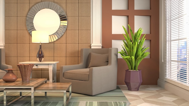 Illustration of living room interior. 3d rendering