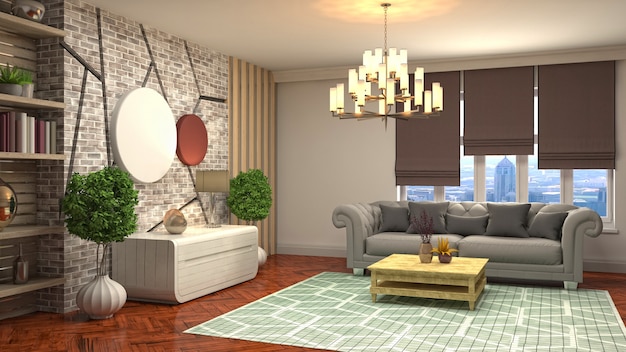 Illustration of living room interior. 3d rendering