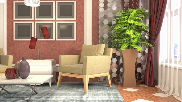 Illustration of living room interior. 3d rendering