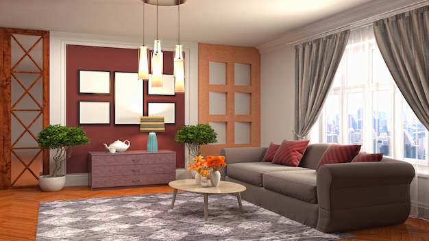 Illustration of living room interior. 3d rendering