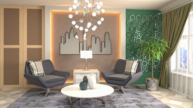 Illustration of living room interior. 3d rendering