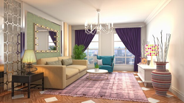 Illustration of living room interior. 3d rendering