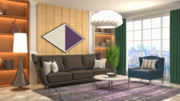 Illustration of living room interior. 3d rendering