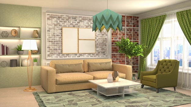 Illustration of living room interior. 3d rendering