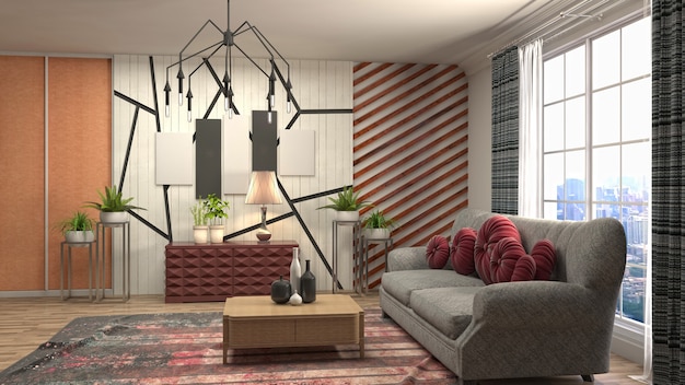 Photo illustration of living room interior. 3d rendering