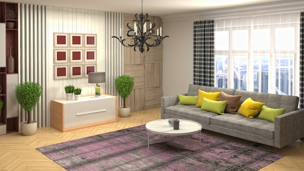 Illustration of living room interior. 3d rendering