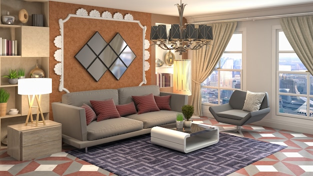 Illustration of living room interior. 3d rendering