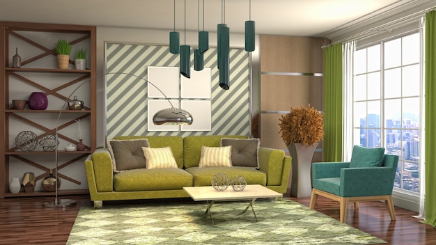 Illustration of living room interior. 3d rendering