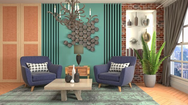 Illustration of living room interior. 3d rendering