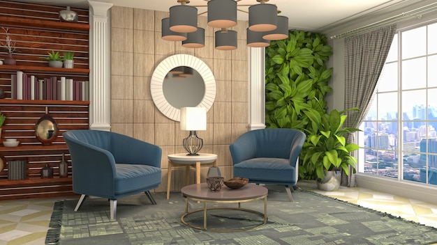 Illustration of living room interior. 3d rendering