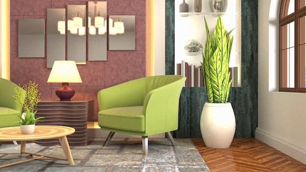 Illustration of living room interior. 3d rendering