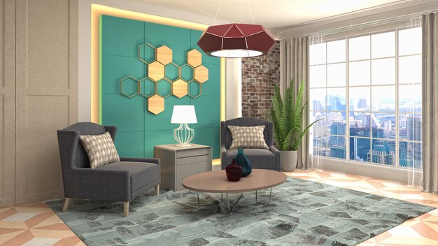 Illustration of living room interior. 3d rendering