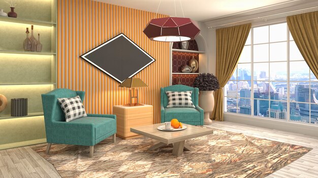 Illustration of living room interior. 3d rendering