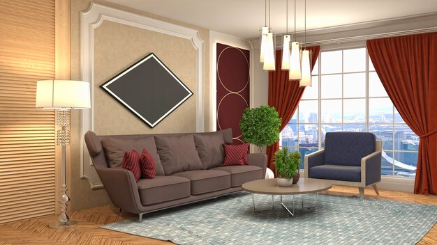 Illustration of living room interior. 3d rendering