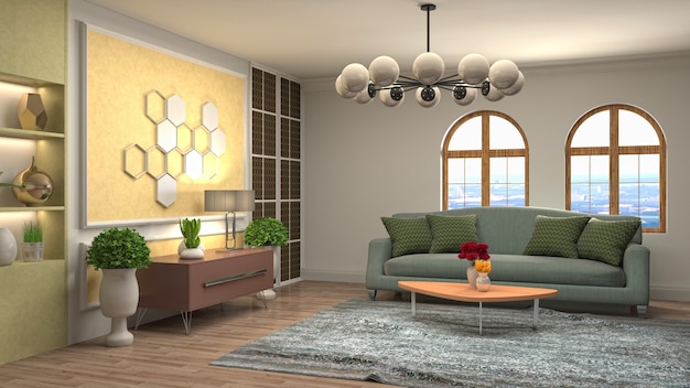 Illustration of living room interior. 3d rendering