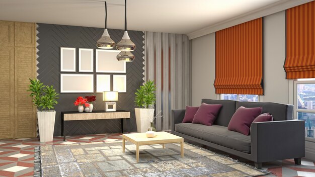 Illustration of living room interior. 3d rendering