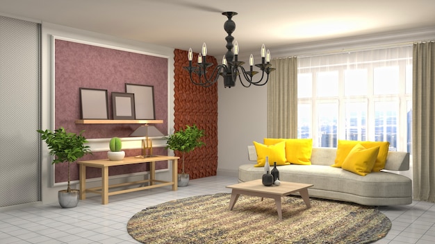 Illustration of living room interior. 3d rendering