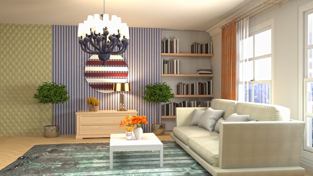 Illustration of living room interior. 3d rendering