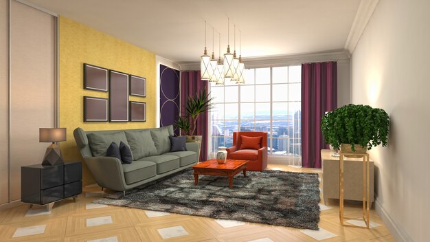 Illustration of living room interior. 3d rendering