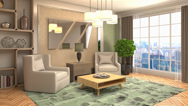 Illustration of living room interior. 3d rendering