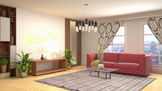 Illustration of living room interior. 3d rendering