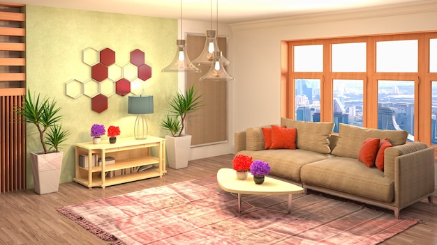 Illustration of living room interior. 3d rendering