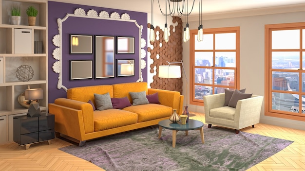 Illustration of living room interior. 3d rendering