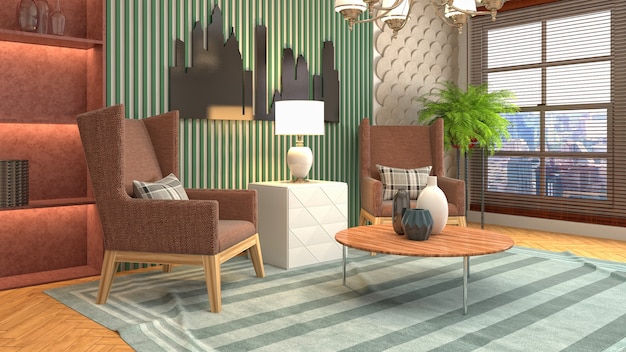 Illustration of living room interior. 3d rendering