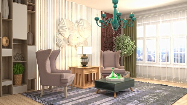 Illustration of living room interior. 3d rendering