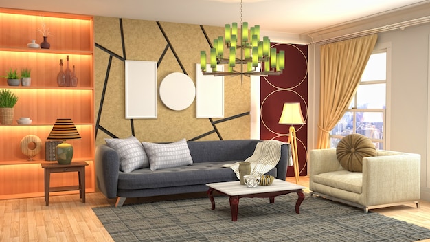 Illustration of living room interior. 3d rendering