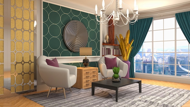 Illustration of living room interior. 3d rendering