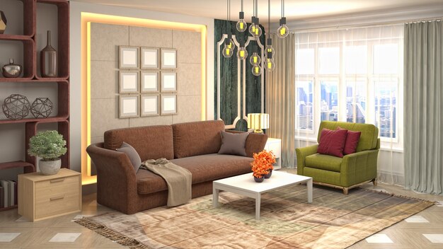 Illustration of living room interior. 3d rendering