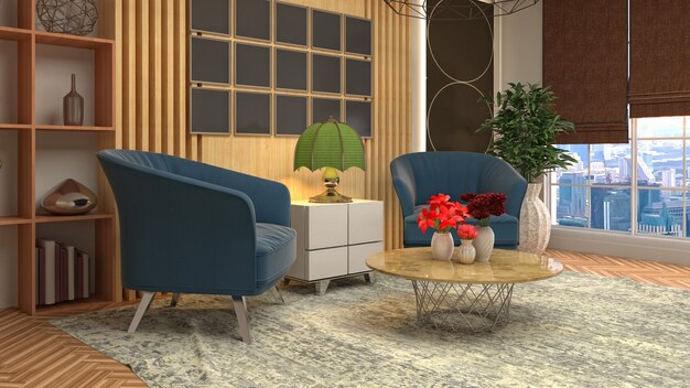 Illustration of living room interior. 3d rendering