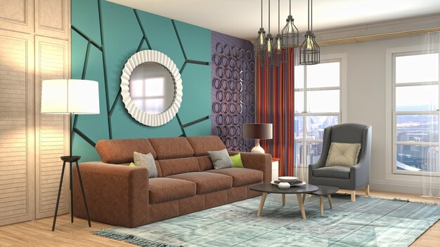 Illustration of living room interior. 3d rendering