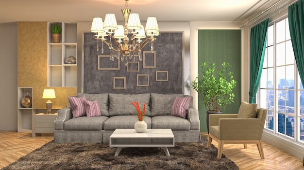 Illustration of living room interior. 3d rendering