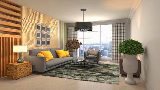 Illustration of living room interior. 3d rendering