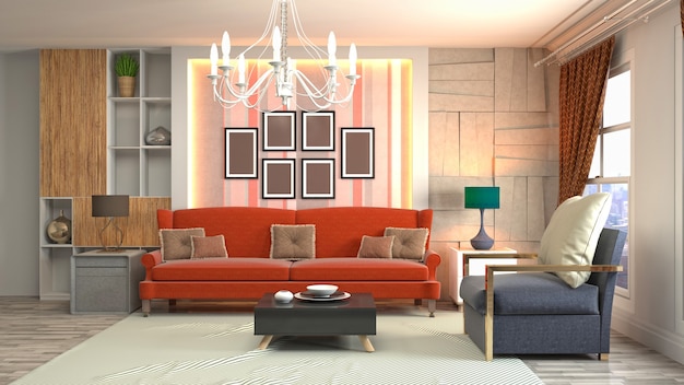 Illustration of living room interior. 3d rendering