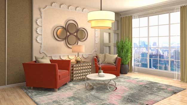 Illustration of living room interior. 3d rendering