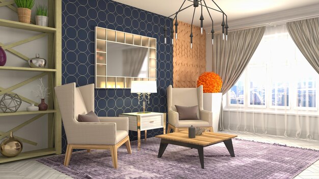 Illustration of living room interior. 3d rendering